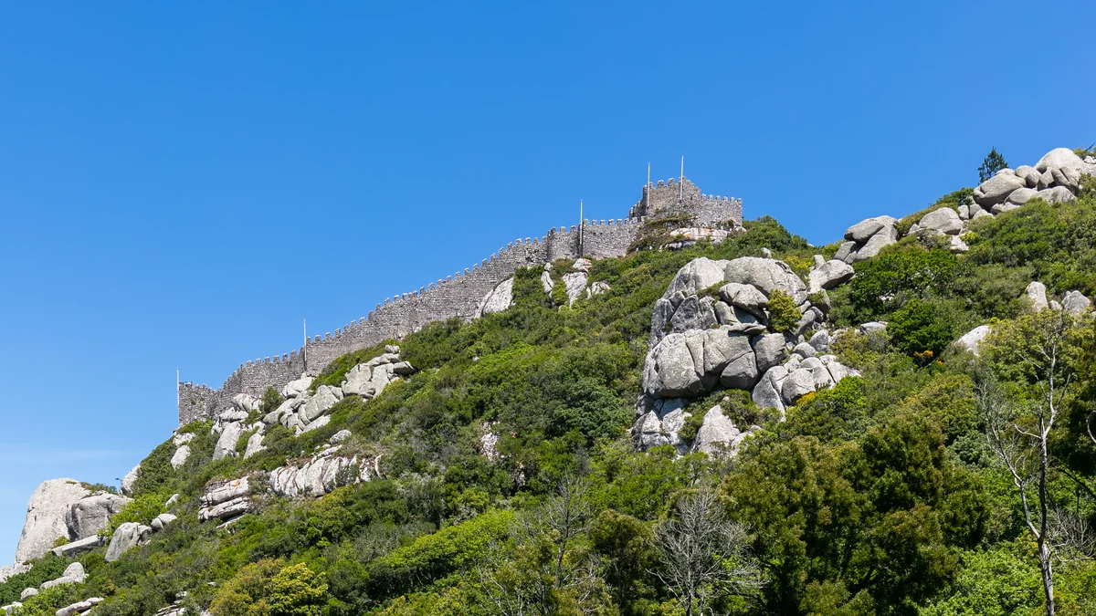 Muralhas do Castelo dos Mouros serpenteando o cume arborizado da Serra de Sintra
